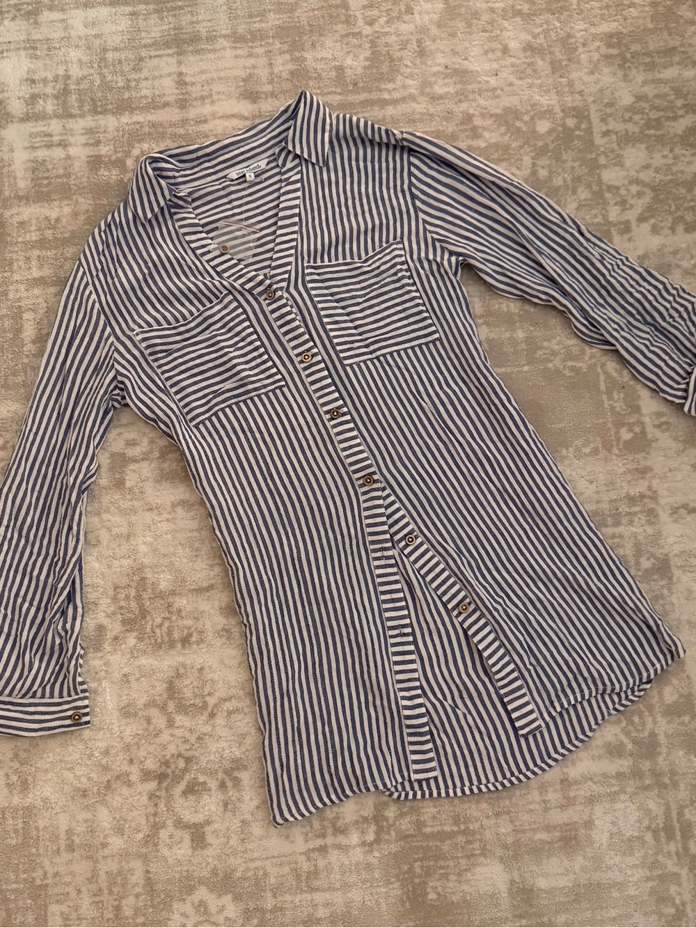 Striped Blue and White Tunic Button-Up Shirt